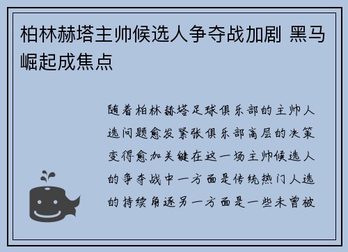 柏林赫塔主帅候选人争夺战加剧 黑马崛起成焦点