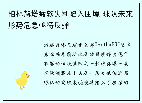 柏林赫塔疲软失利陷入困境 球队未来形势危急亟待反弹